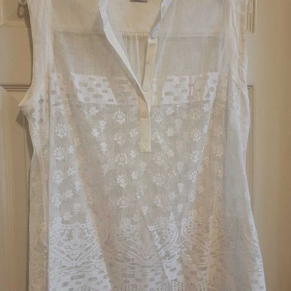 Cabi Prudence White Half Button Up Lace Tank Top - image 5